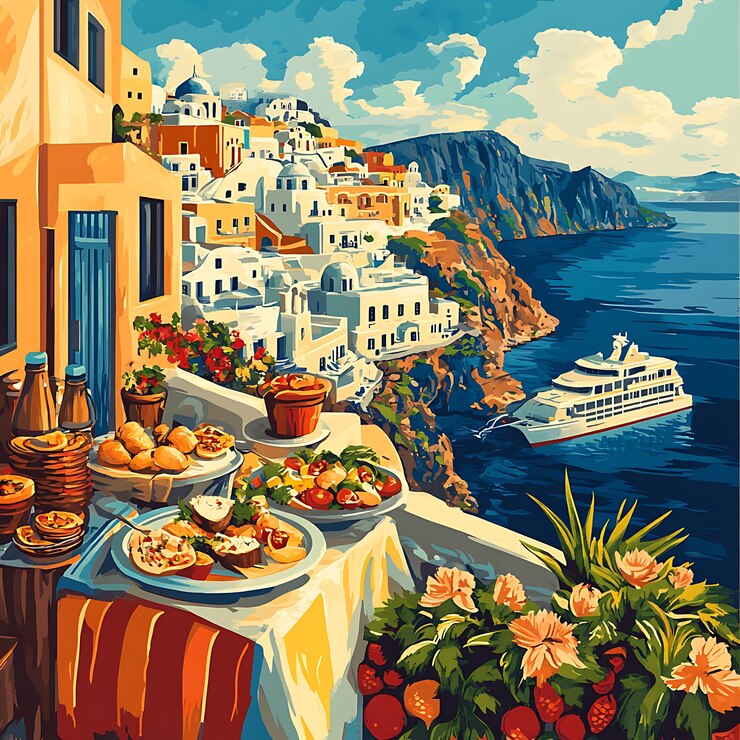 Photo mediterranean sea view with delicious food and flowers