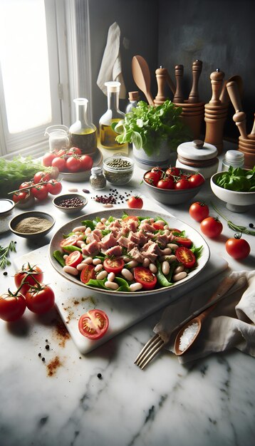 Mediterranean Tuna Salad with White Beans on Marble Counter