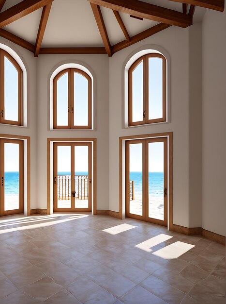 Mediterranean villa beside beach beautiful interior sunlight
