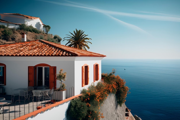 Mediterranean villa on a cliff White stucco dark blue shutters terracotta roofOverlooks deep sea