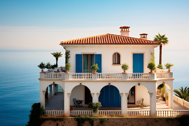 Mediterranean villa on a cliff White stucco dark blue shutters terracotta roofOverlooks deep sea