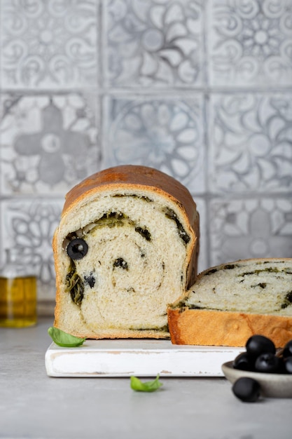 Mediterranean wheat bread with olives and spinach