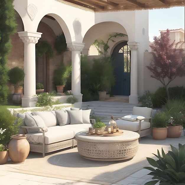 A Mediterraneaninspired outdoor patio with comfortable seating