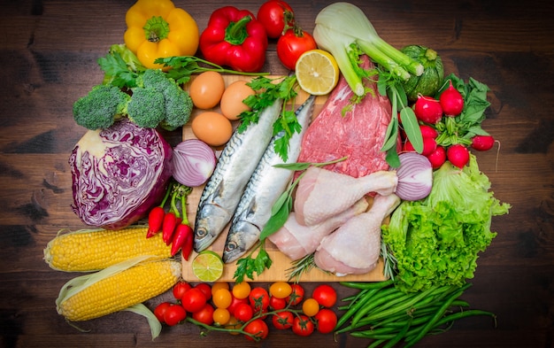 Photo mediterranena diet : fish,meat and ingredients