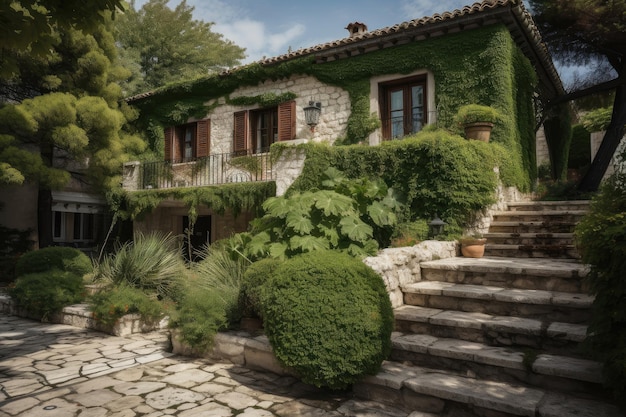 生成 AI で作成された、前景に庭と緑がある地中海風の家の外観