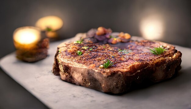 Medium juicy Beef Rib Eye chorizo in a traditional cut on a wooden board with herbs spices and salt