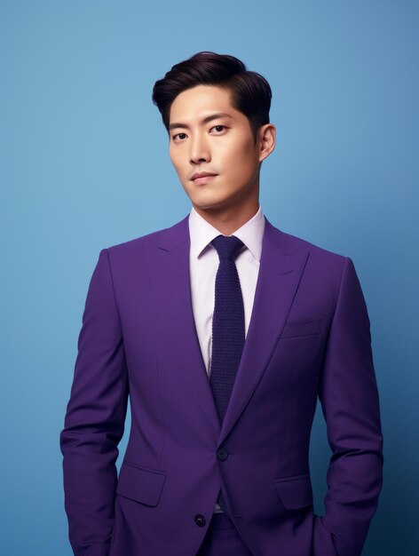 Medium portrait of a handsome korean man wearing a luxury suit posing for professional fashion