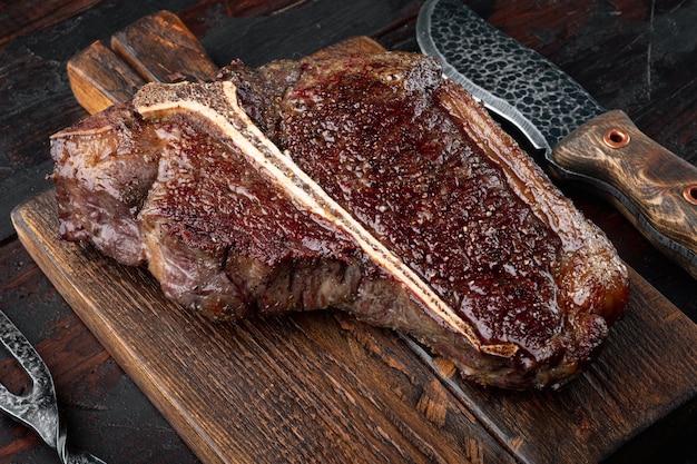 Medium rare Grilled T Bone Steak on wooden serving board