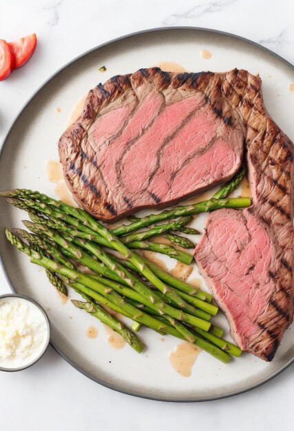 Photo medium rare grilled tomahawk beef steak with asparagusflat lay