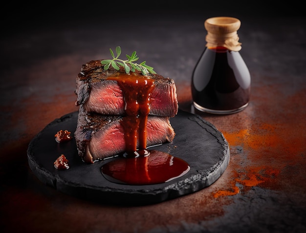 ミディアム レア ステーキの食品写真 生成 AI で作成された完璧な焼き目を持つジューシーな牛肉