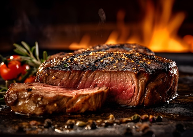 Photo medium rare steak from the grill with seasoning on top