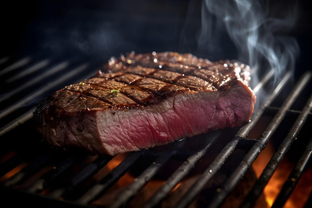 medium rare steak on the grill close up