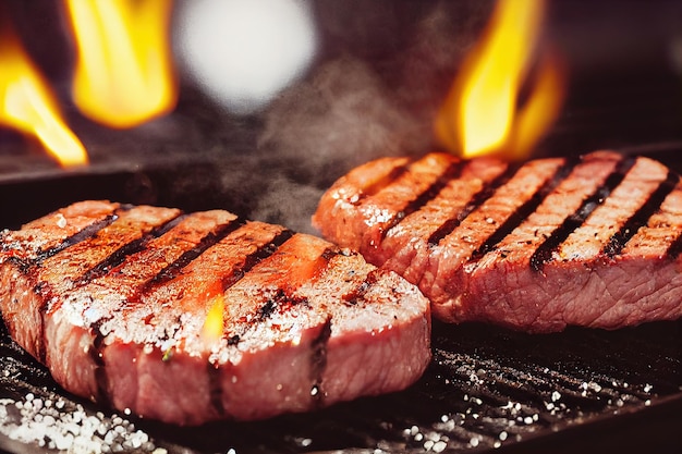 Medium rare steak with salt on grill