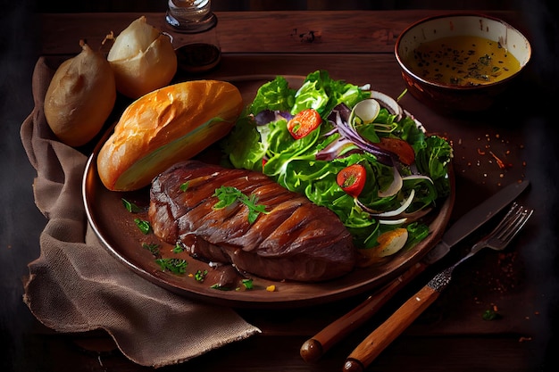 Medium rare steak with young baked potatoes