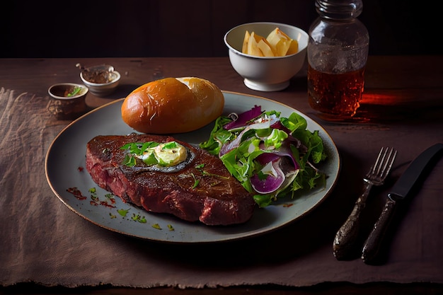 Medium rare steak with young baked potatoes