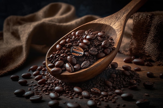 Medium Roasted Coffee Beans and a Charming Wooden Spoon on Table Ai Generated Art Work