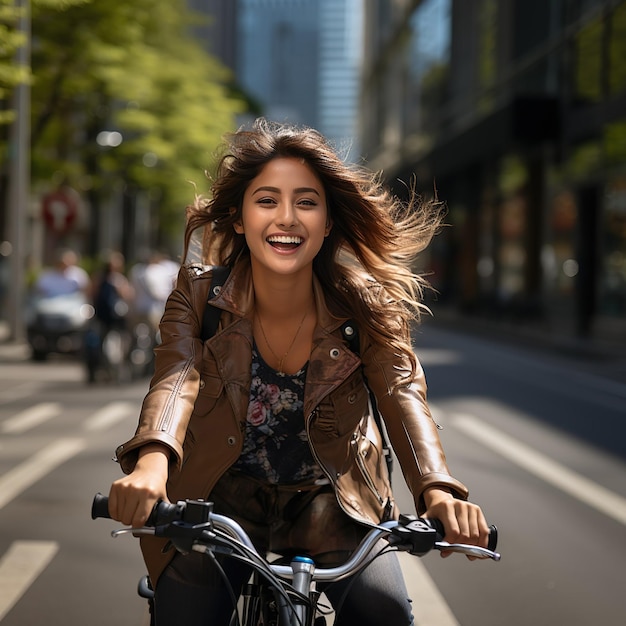 Medium schoot een mooi Aziatisch meisje fietsen in de stad met rugzak