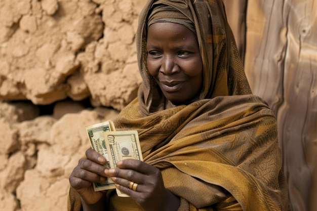Среднеразмерная африканская женщина с деньгами.