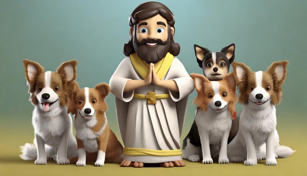 Medium shot cartoon Jezus omringd kleine hond hand en achtergrond dier
