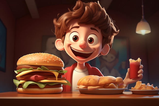 Photo medium shot cartoonish boy with burger