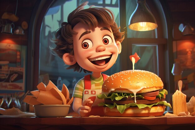 Photo medium shot cartoonish boy with burger