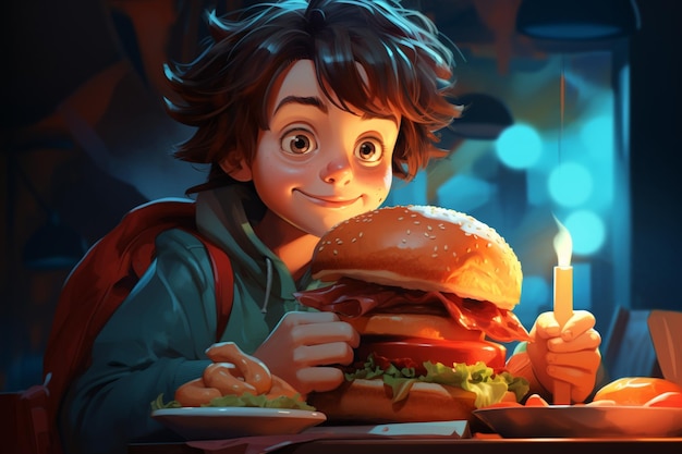 Photo medium shot cartoonish boy with burger