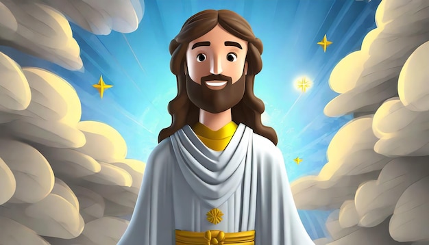 Medium shot cartoony jesus christ seen in sky