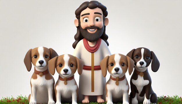 Photo medium shot cartoony jesus surrounded little dog hand and background animal