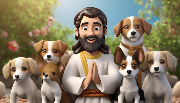 Medium shot cartoony jesus surrounded little dog hand and background animal