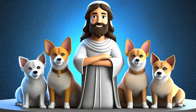 Medium shot cartoony jesus surrounded little dog hand and background animal