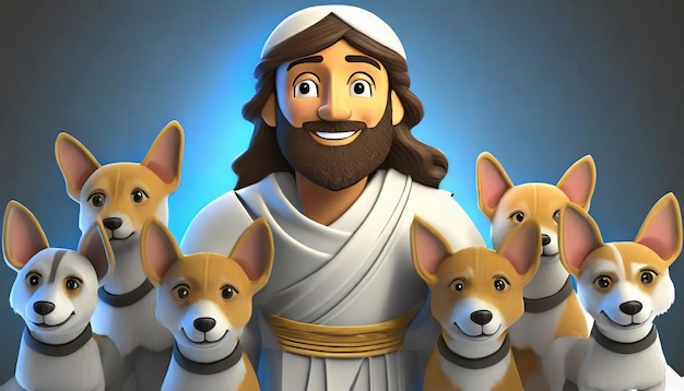 Medium shot cartoony jesus surrounded little dog hand and background animal