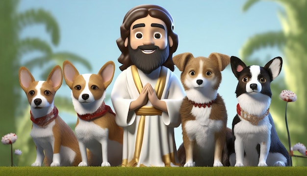 Medium shot cartoony jesus surrounded little dog hand and background animal