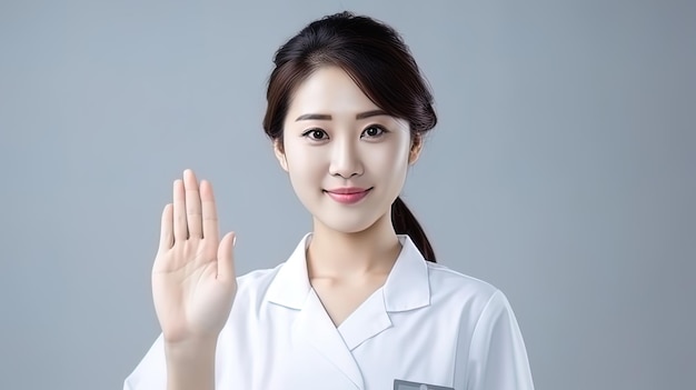 Medium shot of a Chinese nurse with short hair and a normal face giving a thumbsup while wearing