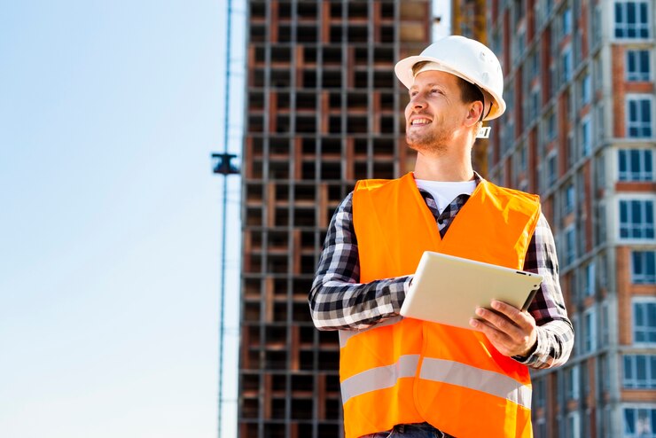 Photo medium shot construction engineer using tablet