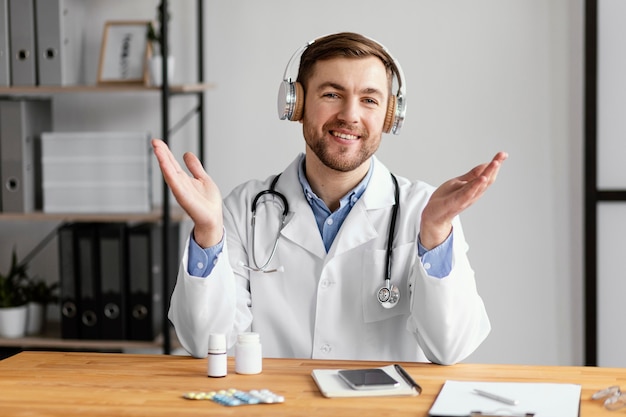 Medium shot doctor with stethoscope