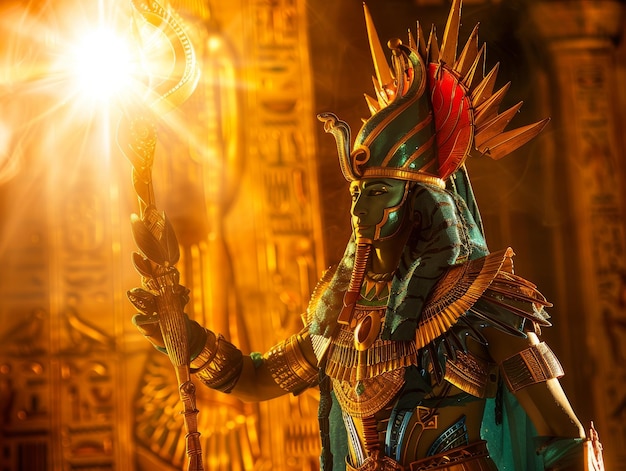 medium shot of egyptian god ra holding ankh waisthigh photography