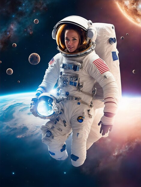 Medium shot female astronaut wearing spacesuit