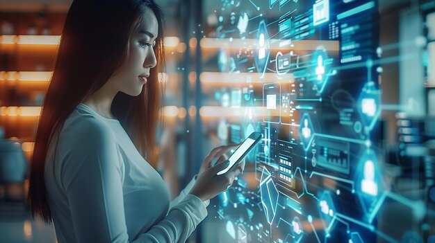 Medium shot of female technician working on a tablet in a data center full of rack servers running