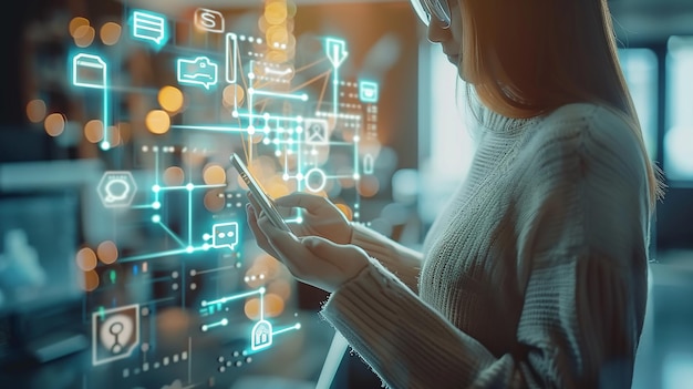 Medium shot of female technician working on a tablet in a data center full of rack servers running