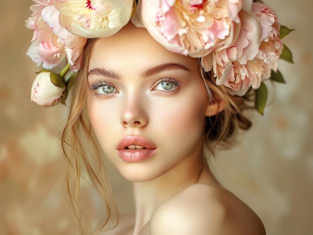 medium shot of girl beautiful woman with a peony flower pulled down over her eyes themed background