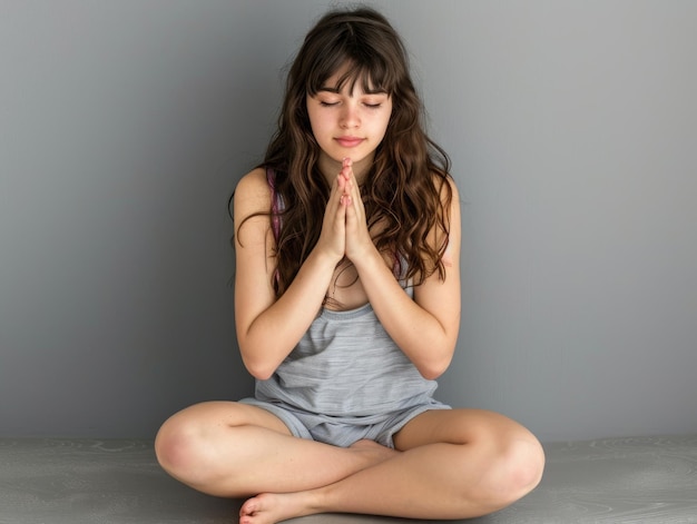 Medium shot of girl sitting in a meditation pose themed background