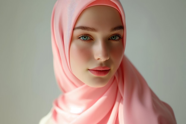 Foto medium ha girato una ragazza che indossa un'abaya, un lungo hijab e vestiti di colore rosa morbido.