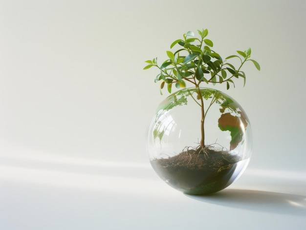 medium shot of a globe with plants and trees growing on it highlighting environmental protection