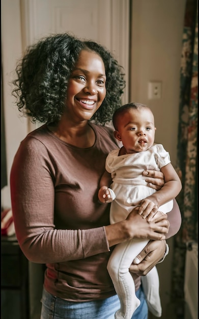 Medium shot happy black mother holding baby