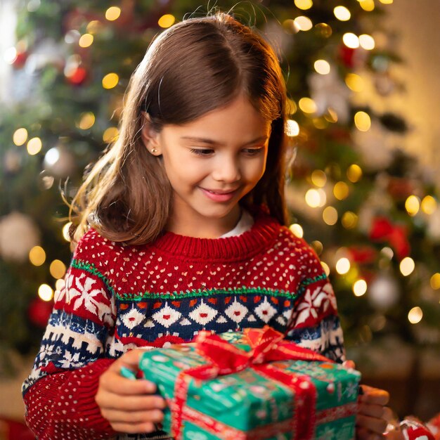 Medium shot of a happy kid unwrapping a present the background is beautifully decorated