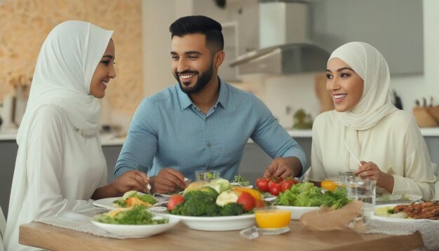 Photo medium shot islamic family eating