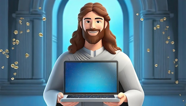 Photo medium shot jesus christ with laptop