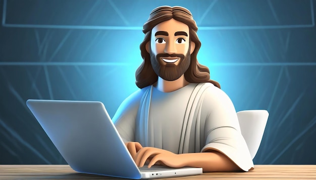 Photo medium shot jesus christ with laptop