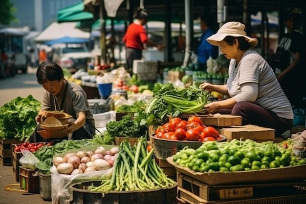 Medium shot korean people selling vegetables