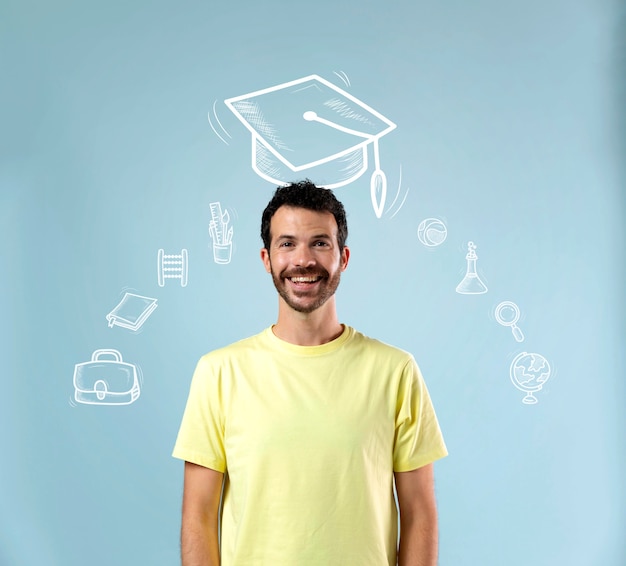 Medium shot man posing with graduation background